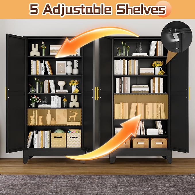 PAOFIN 75" Metal Kitchen Pantry Cabinet,Black Storage Cabinet with Doors and 5 Adjustable Shelves, Cabinet with 2 Metal Handles,Tall Cabinet for Livingroom,Pantry, Bathroom,Kitchen
