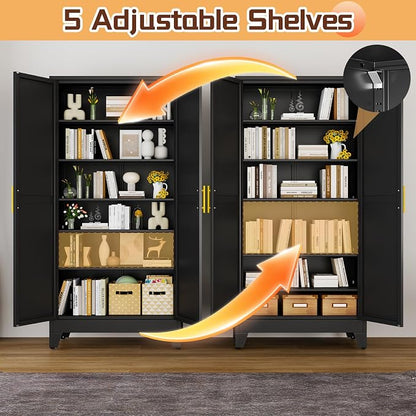 PAOFIN 75" Metal Kitchen Pantry Cabinet,Black Storage Cabinet with Doors and 5 Adjustable Shelves, Cabinet with 2 Metal Handles,Tall Cabinet for Livingroom,Pantry, Bathroom,Kitchen