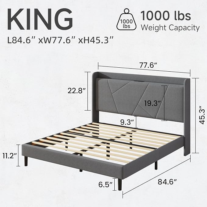 King Size Linen Bed Frame, Storage Headboard with Charging Station, Upholstered Platform Bed with Wooden Slats Support, Solid and Stable, Noise Free, No Box Spring Needed, Easy Assembly, Gray