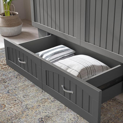AFI, Nantucket Queen Murphy Bed Chest with Mattress, Storage Drawer and Built-In USB Charger, Grey