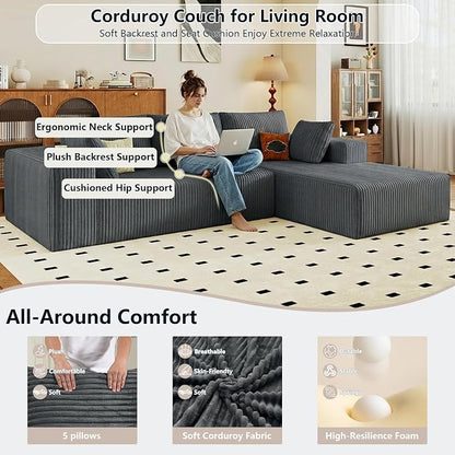 95" Cloud Sectional Couch with L-Shape Chaise, Modular Comfy Sofa Chaise Longue, Upholstered Corduroy Couches Sleeper with Deep Seat for Living Room Bedroom, No Assembly Required(Grey, Right Facing)