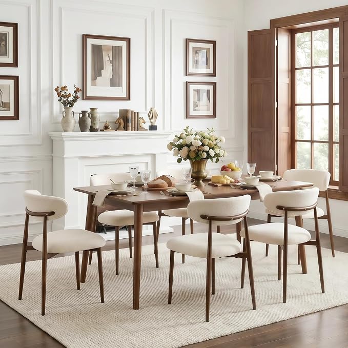 Furniliving Mid Century Modern Dining Chairs Set of 6, 300 lbs Capacity Upholstered Chenille Kitchen Chairs with Walnut Grain Metal Legs and Ergonomic Curved Back, Beige(Walnut/Chenille)