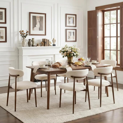 Furniliving Mid Century Modern Dining Chairs Set of 6, 300 lbs Capacity Upholstered Chenille Kitchen Chairs with Walnut Grain Metal Legs and Ergonomic Curved Back, Beige(Walnut/Chenille)
