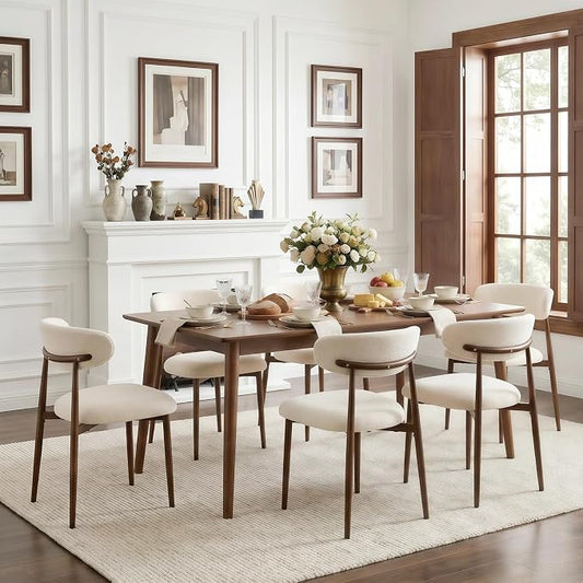 Furniliving Mid Century Modern Dining Chairs Set of 6, 300 lbs Capacity Upholstered Chenille Kitchen Chairs with Walnut Grain Metal Legs and Ergonomic Curved Back, Beige(Walnut/Chenille)
