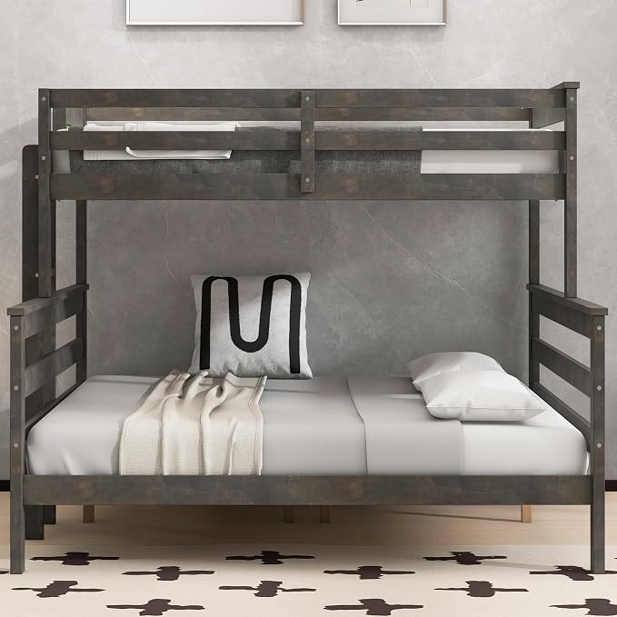 Wood Bunk Bed Twin XL Over Queen Size, Detachable Design Bunk Bed Frame with Safety Guardrail, Ladder and Sturdy Slats Support (Grey-4.21)