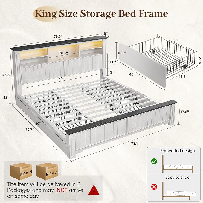 EnHomee King Bed Frame with Headboard and 4 Storage Drawers, LED Lights & Charging Ports,No Box Spring Needed for Big House,Noise-Free,Wooden, White