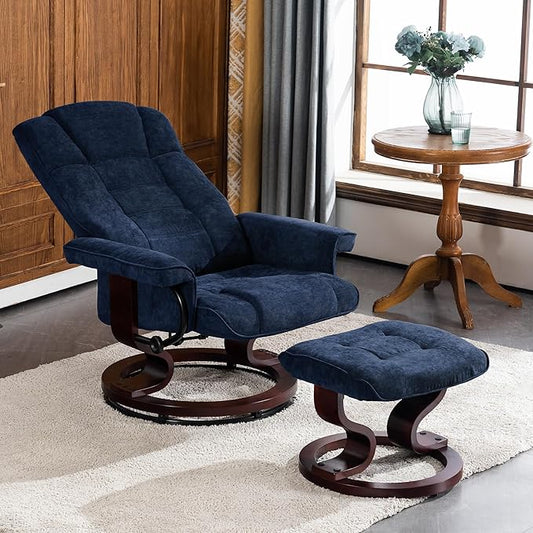 MCombo Manual Swivel Recliner with Ottoman, Chair Ottoman Set for RV Small Spaces, Living Room, Bedroom, Office 4919 (Chenille, Blue)
