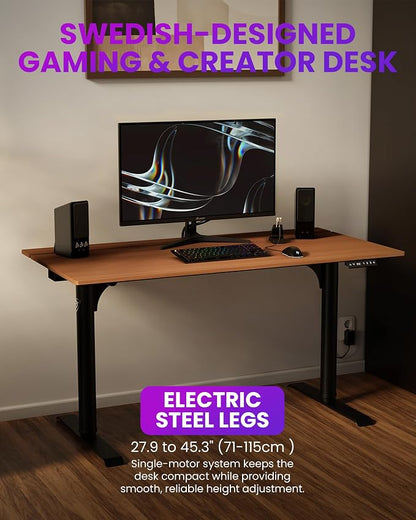 Arozzi Arena Nordico Gamer Desk – 55x27.6” Electric Standing Table – PC Gaming Desk with Storage for Cables - Dual Cable Baskets, Split Tabletop, Monitor Arm Friendly - Dark Walnut