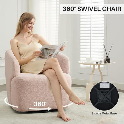 SOFTHION Swivel Accent Chair, Sherpa Teddy Barrel Chair for Living Room, Cozy Round Boucle Arm Chair, Metal Base for Club Nursery Bedroom, Light Blush Pink