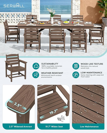SERWALL 10 Piece 84" HDPE Outdoor Dining Set for 8 with 15ft Double-Sided Umbrella, Brown