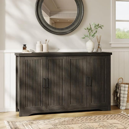Memobarco Fluted Buffet Cabinet with Storage Accent Sideboard,Modern Credenza with 4 Doors & Adjustable Shelves,Wood Coffee Bar Table Console for Dining Room Kitchen Living Room Entryway,Gray