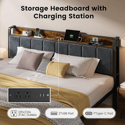 ALBERTO King Size Bed Frame with LED Lights, Upholstered Headboard with Storage and Charging Station, Metal Platform with Slats, No Box Spring Needed, Easy Assembly