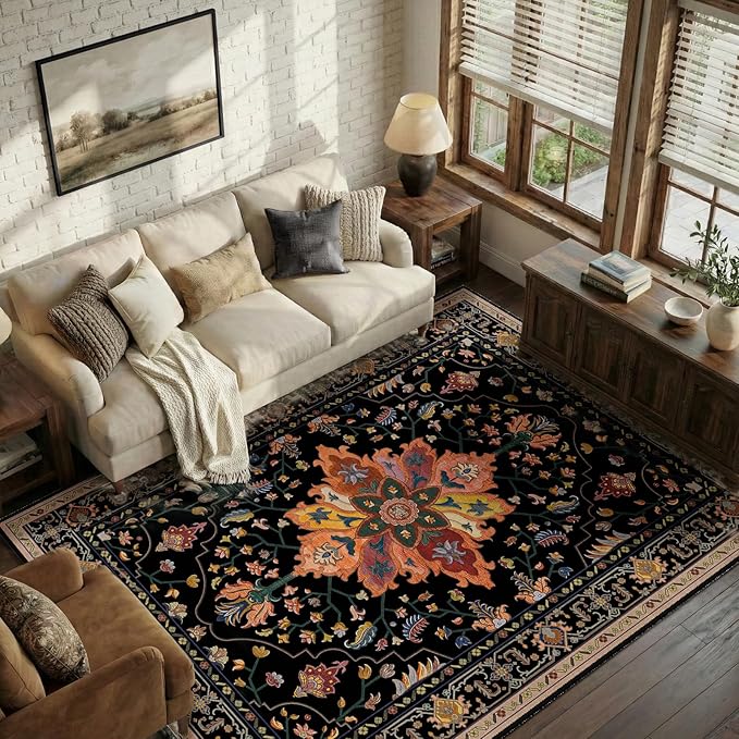 RELEANY Area Rugs 5'x7' Washable Non-Slip, Floral Vintage Distress Medallion Carpet for Living Room Bedroom Dining Room, Black Colorful Floral Dark Tan