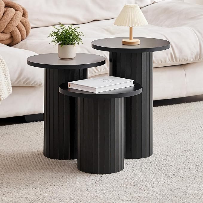 Round Side Tables Set of 3, Circle Modern Fluted Nesting Coffee Table, Accent End Table Set for Living Room and Bedroom, Black
