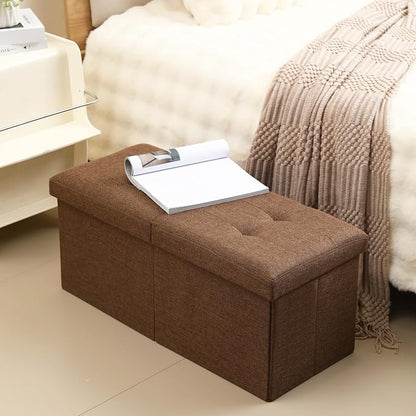 Storage Ottoman Bench Foldable Seat Footrest Shoe Bench End of Bed Storage with Flipping Lid, 75L Storage Space, 30 inches Linen Fabric Brown