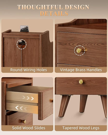 Narrow Nightstand with Drawers, 7.9" Solid Wood Nightstand with Open Shelf & Cable Hole, Modern Night Stand Slim Bedside Table for Small Spaces, Bedroom, Study