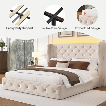 LARMACE Queen Size Bed Frame with LED Lights and 4 Storage Drawers Linen Upholstered Platform Bed Frame with 47.2" Tall Tufted Headboard Wingback, No Box Spring Needed, Easy to Assemble, Beige