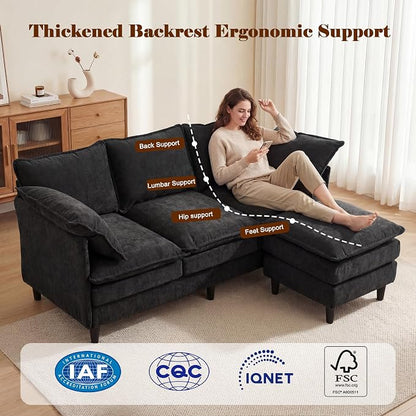 3 Seater L-Shape Couch Sofa with Ottoman, 69" Small Couch Modern Comfy Cloud Chenille Sofa 23" Deep with Washable Pillow Cover Couches for Living Room Bedroom Apartment Office 69-Black-L