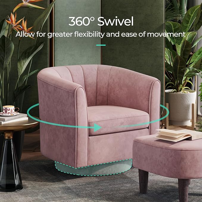 LINSY Swivel Accent Chair Ottoman Set: Velvet Larege Barrel Chair with Foot Rest, Modern Reading Chair Upholstered Armchair with Footrest for Living Room Bedroom Study Room Office (Pink)
