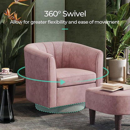 LINSY Swivel Accent Chair Ottoman Set: Velvet Larege Barrel Chair with Foot Rest, Modern Reading Chair Upholstered Armchair with Footrest for Living Room Bedroom Study Room Office (Pink)