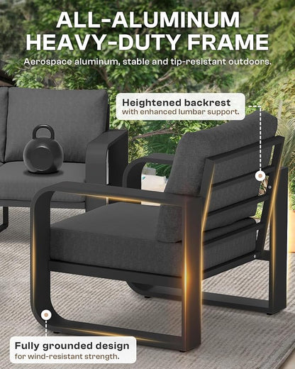Aluminum Outdoor Patio Couch, 3 Seats Oversized Patio Sofa with Widened Armrest & Ultra-Thick Cushions, Deep Seating Modern Patio Furniture for Backyard, Deck, Graphite