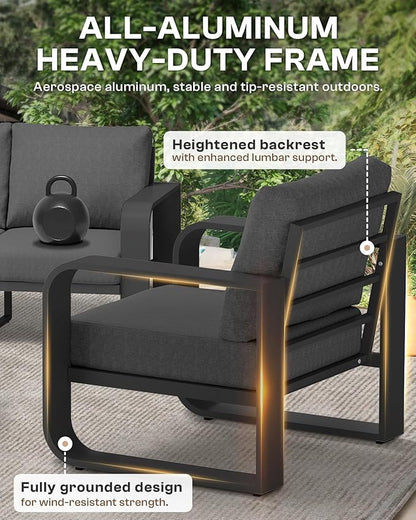 Oversized Aluminum Outdoor Furniture Set, Extra Large Patio Furniture Sofa Set 4.8” Widened Armrest & Ultra-Thick Cushions, 5 Pcs Modern Patio Sectional for Backyard, Porch, Graphite