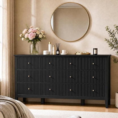 RoyalCraft Fluted Dresser for Bedroom with 9 Drawers, 59" Wide Painted Wooden Chest of Drawers, Modern TV Stand Storage Cabinet for Living Room, Hallway, Black
