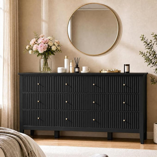 RoyalCraft Fluted Dresser for Bedroom with 9 Drawers, 59" Wide Painted Wooden Chest of Drawers, Modern TV Stand Storage Cabinet for Living Room, Hallway, Black