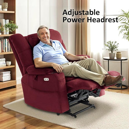 MCombo Big Man Power Lay Flat Lift Chair, Triple Motor Power Lift Recliner with Massage & Dual Heating, Adjustable Headrest, Fabric R7635 (Burgundy, Large-Wide)