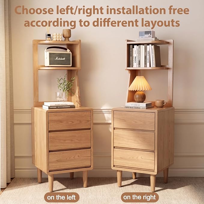 Solid Wood Bookshelf with Drawers,Narrow bookcase with Storage Shelves,Tall Nightstand with Drawers,Mid Century Modern Nightstand,Open Shelf Bookcase,Small Book Shelf for Bedroom,Living Room,Offices