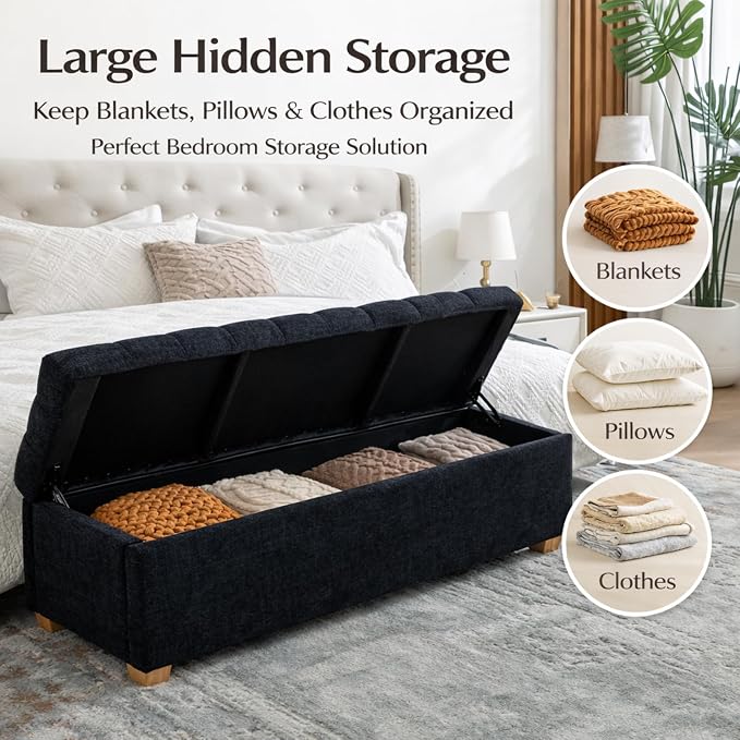 60.2" Storage Bench, End of Bed Storage Benches, Chenille Fabric Upholstered Ottoman Bench with Safety Hinge for Living Room Entryway Bedroom Hallway