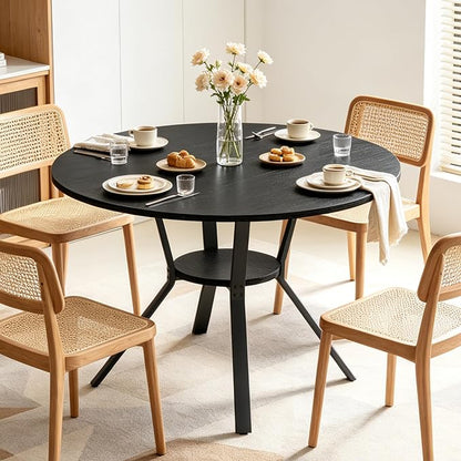 Dining Table for 2-4, 43“ Round Dining Room Kitchen Table with Storage,Round Table for Living Room,Fluted Wood Table,Oval Dinner Furniture with Adjustable feet(Black, 43 Inch)