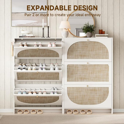 Nicetree Shoe Cabinet Storage for Entryway Slim 9.5" Freestanding Floor Base Shoe Storage Cabinet, 3 Flip Drawers with 3-Position Adjustable Divider, Holds 16-36Pairs, Bright White