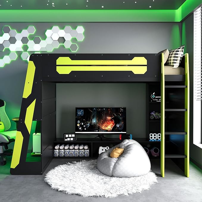 Merax Twin Size Loft Bed with Desk, Multi-Storage Shelves and RGB Light | Space-Saving Wooden Gaming Bed Frame with Charging Station and Guardrail