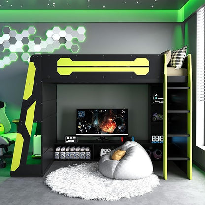 Merax Twin Size Loft Bed with Desk, Multi-Storage Shelves and RGB Light | Space-Saving Wooden Gaming Bed Frame with Charging Station and Guardrail