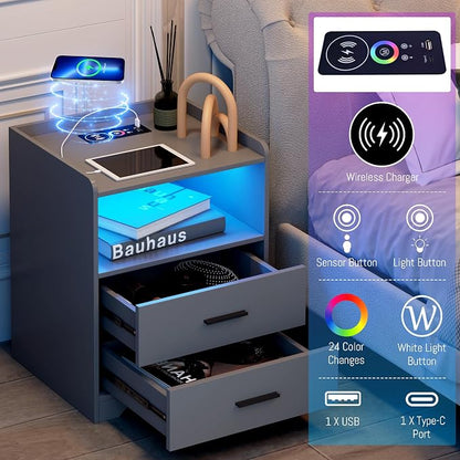 dnbss Grey Night Stand with Wireless Charging Station, Nightstand with 2 Drawers, Smart Bedside Table with 24-Color RGB Lighting, Modern LED Lighted Nightstand for Bedroom