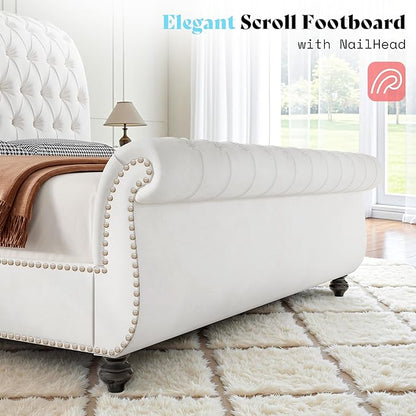 AMERLIFE 55" Tall Sleigh Bed Frame with Scroll Headboard & Footboard, Velvet Upholstered Platform Bed with Deep Button Tufted, Solid Wood Legs, No Box Spring Needed, White, Queen