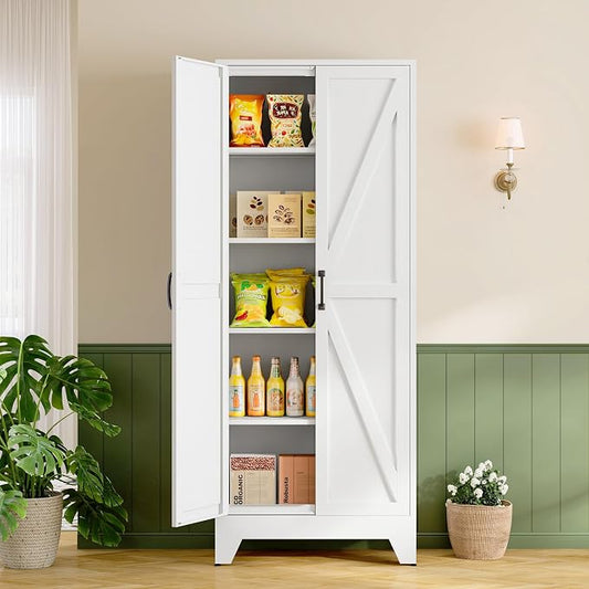 RAVIGIN Farmhouse Storage Cabinet,75" H Metal Pantry Cabinet with Barn Doors and Adjustable Shelves,75" H 6-Tier Rustic Pantry Organizers for Kitchen,Dining Room,White