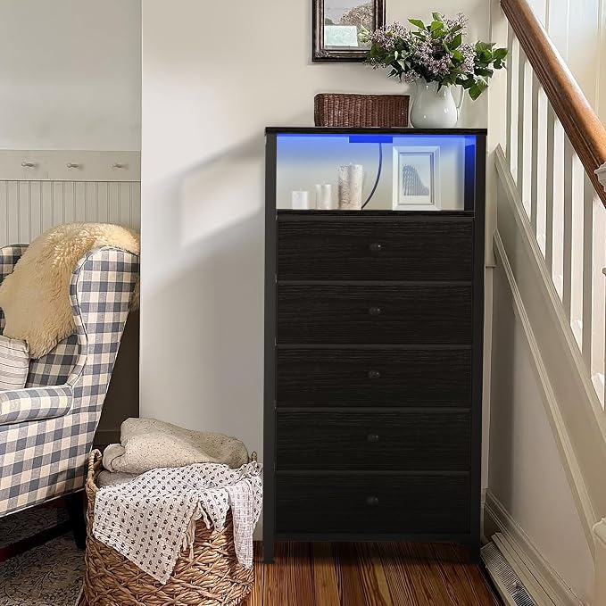 BOLUO Black Dresser with 5 Drawers Tall Nightstand with Charging Station and LED Light, Bedside Table Room Storage Drawers Closet