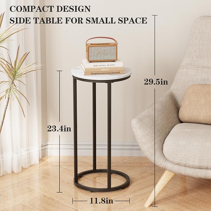 C Shaped End Table, Couch Side Tables for Living Room, Round Sofa End Table with Metal Frame, Small Wooden Snack Table for Bedroom, Small Spaces, Easy Assembly (Black,2pcs)