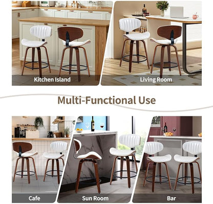 Counter Height Bar Stools Set of 2, 24 inch PU Leather Wooden Bentwood Barstools Swivel Modern Breakfast Bar Chairs with Backrest and Footrest for Kitchen Island, Dining Room D035-White-2