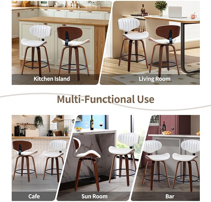 Counter Height Bar Stools, 24 inch PU Leather Wooden Bentwood Barstools Swivel Modern Breakfast Bar Chairs with Backrest and Footrest for Kitchen Island, Dining Room, Bar D035-White-1