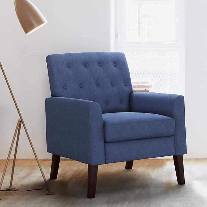 LUE BONA Navy Blue Linen Accent Chair 18.5" H, Button Tufted Armchair, Comfy Living Room Chair with Arms, Upholstered Modern Arm Chairs for Bedroom, Living Room