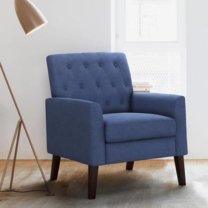 LUE BONA Navy Blue Linen Accent Chair 18.5" H, Button Tufted Armchair, Comfy Living Room Chair with Arms, Upholstered Modern Arm Chairs for Bedroom, Living Room