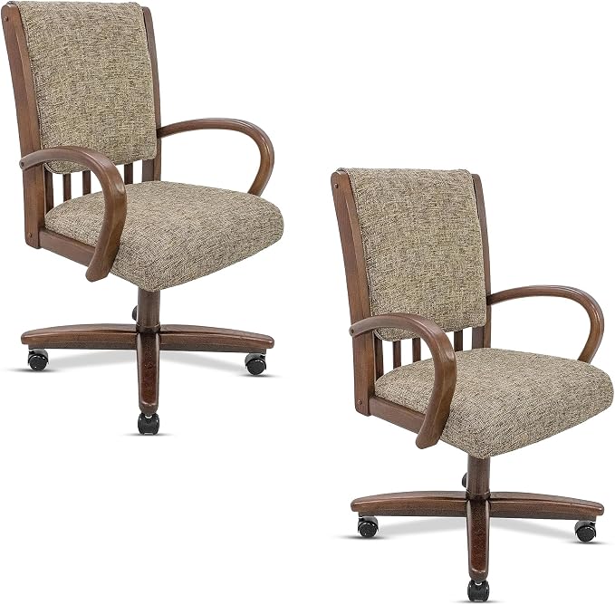Chromcraft Set of 2 Swivel-Tilt Dining Chairs with Casters, Upholstered Kitchen Chairs with Wooden Arms & Metal Pedestal Base, Premium Foam Comfort, Noriko Earth-Walnut