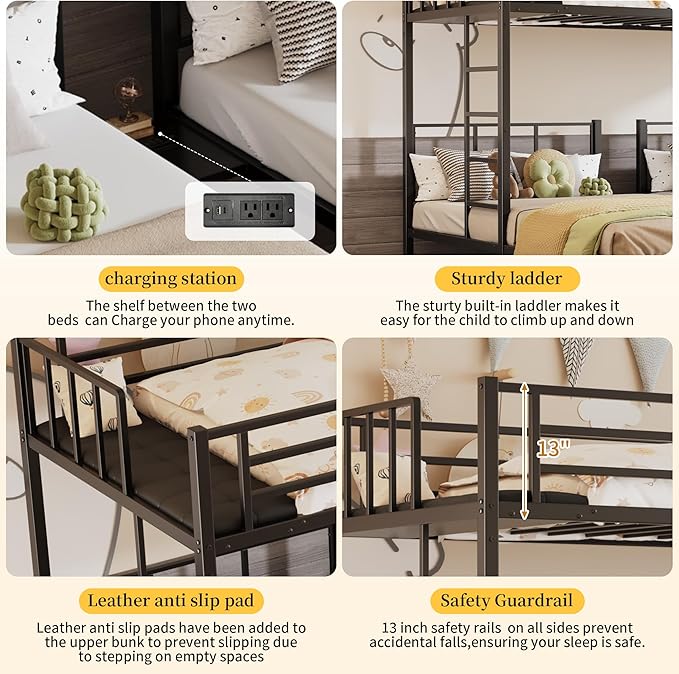 Metal Triple Bunk Bed, Twin Over Twin Over Twin, Black | Charging Station, Heavy Duty Frame, Guardrails and Ladder, Converts to Separate 3 Twin Beds, For Teens Bedrooms