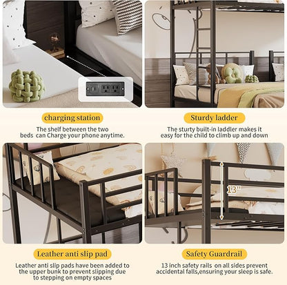 Metal Triple Bunk Bed, Twin Over Twin Over Twin, Black | Charging Station, Heavy Duty Frame, Guardrails and Ladder, Converts to Separate 3 Twin Beds, For Teens Bedrooms