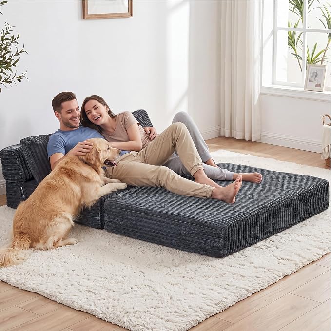Convertible 4-in-1 Folding Sofa Bed 54" Loveseat Boneless Sleeper Chair Couch Foldable Chaise Lounger & Mattress Pocket Coils+Foam Medium Support, Portable No Assembly for Living Room/Bedroom, Full XL