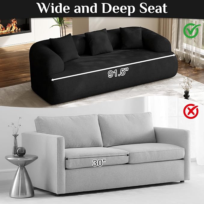 Boneless Couch Set, 91" + 75'' Cloud Couch Set, Chenille Curved Sofa, Modern Compression Sofa for Living Room, Bedroom and Apartment, No Assembly Required, Black