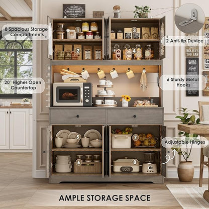 HIFIT 71" LED Kitchen Pantry Cabinet with Power Outlet, Large Kitchen Hutch Storage Cabinet with Arched Door, Shelves, 2 Drawer, Tall Farmhouse Coffee Bar w/Hutch for Home Dining Living Room, Ash Grey